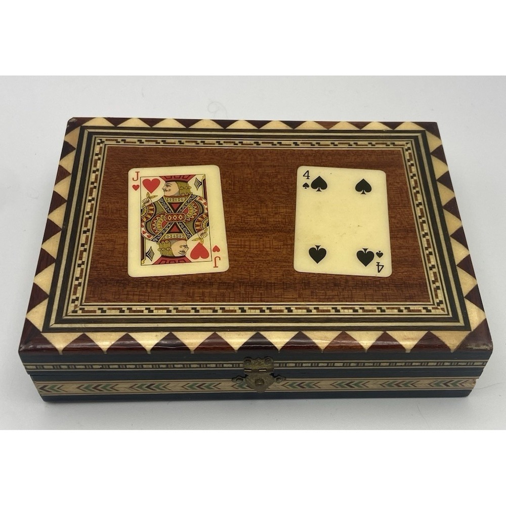 Vintage Laguna Spanish Inlaid Wooden Marquetry Double Deck Playing Cards Box